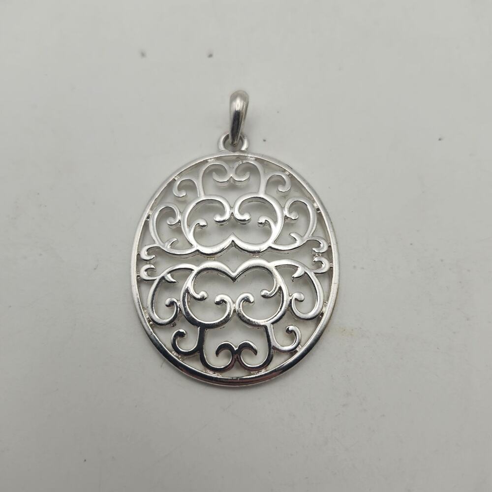 Silver Tone Filigree Scrollwork Round Pendant Charm w/ Bail Openwork Medallion